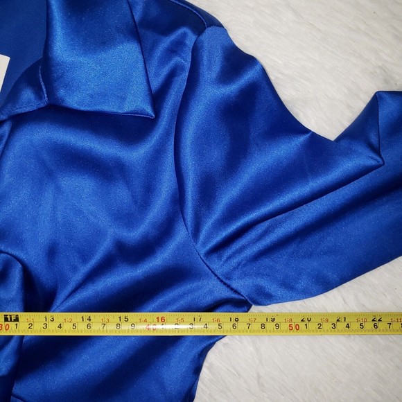 NWT Zara Sz M Satin Effect Blue Mini Dress Tie Front Long Sleeve Collared Deep V - Picture 13 of 15